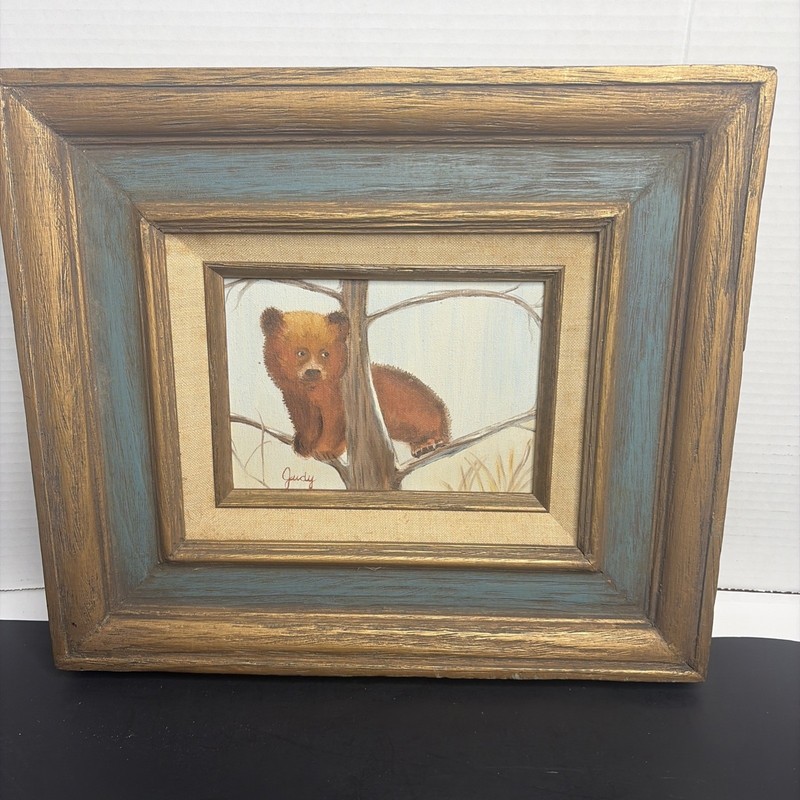 Vintage 1978 Brown Bear Cup Oil Painting Signed Judy Framed Rustic Cabin Art 5X7