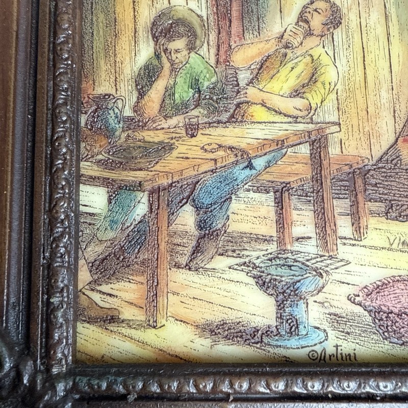 Vintage Artini Engraving Hand Painted Vimauro Men At Bar 6” x 4” gallery