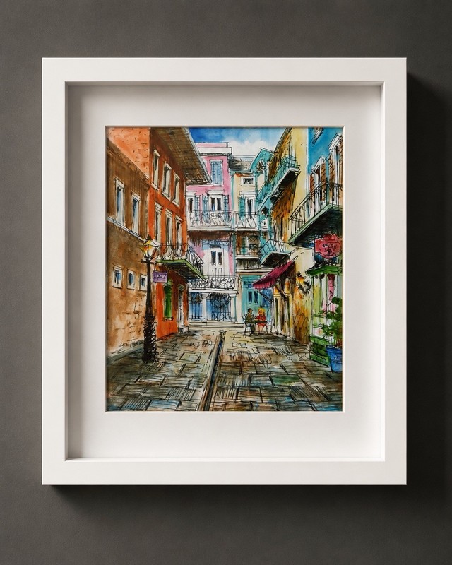 Signed Original Watercolor Street Scene Painting – Colorful European Alley