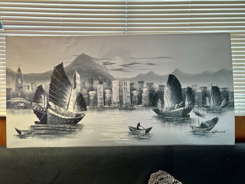 Original Oil Painting, Hong Kong Harbor, Large 48”x24”, Signed