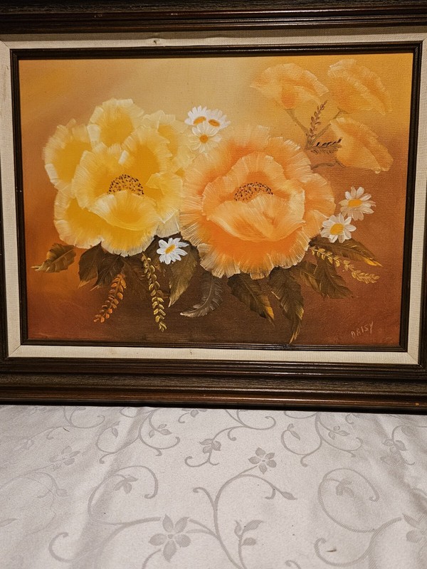 Vintage Oil On Canvas Floral Still Life Signed Daisy 20 3/4″ X 16 3/4″