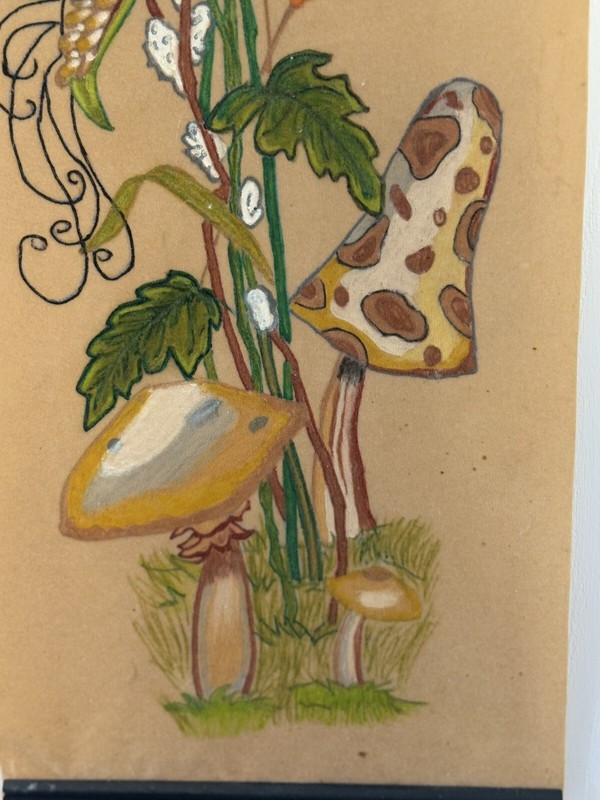 MUSHROOMS & Plants ORIGINAL ACRYLIC ON VELVET ABSTRACT PAINTING Retro 33” gallery
