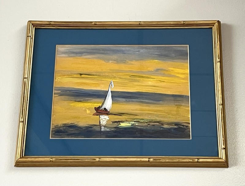 Vintage 1970s ORIGINAL Semi-Abstract Sailboat Golden Sunset Ocean /Lake FRAMED gallery