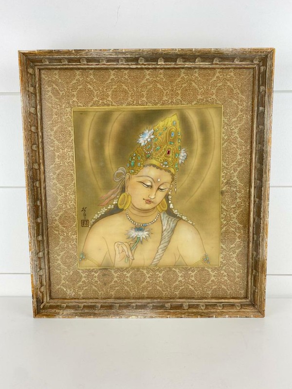 Vintage Hindu Thai Asian Art Painting on Silk Deity Goddess Lotus Flower India