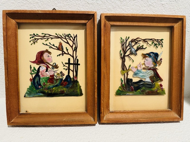 Hummel Reverse Painting Pair Boy & Girl Vintage German Folk Art Cottage READ
