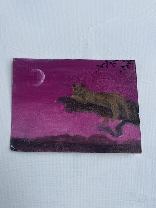 NEW!! ACEO Original Oil Paint Pink Africa Puma Collectible Art Card 2.5” X 3.5”