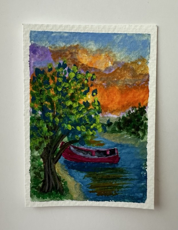 Original ACEO Impressionist Watercolor Landscape Tree River Boat Sunset Paper