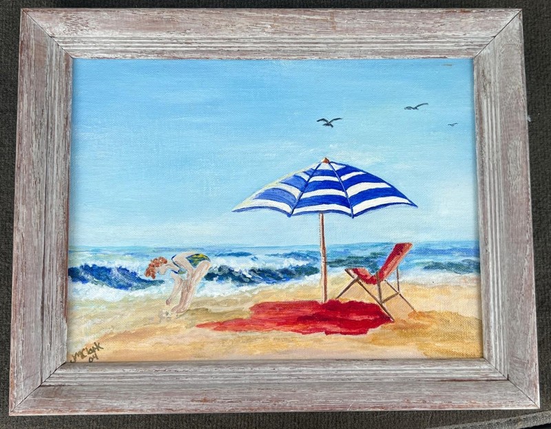 American Florida Beach Day Art Umbrella Waves Woman Nautical Decor Painting