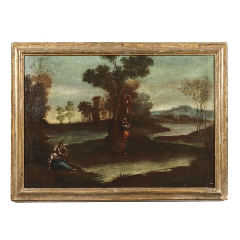 Ancient Painting ‘700 Landscape with Figures Oil on Canvas Style Frame