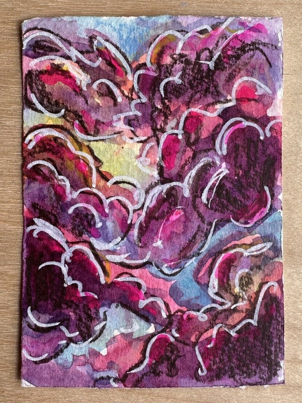 ACEO Original Abstract Pink Blue Dreamy Clouds Sky Nature Painting On Paper Jess