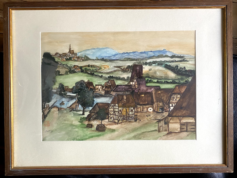 ::WATERCOLOUR 1976 ARTIST STAMP EIFEL VILLAGE FRAME °WHO KNOWS THE PAINTER? NATURAL