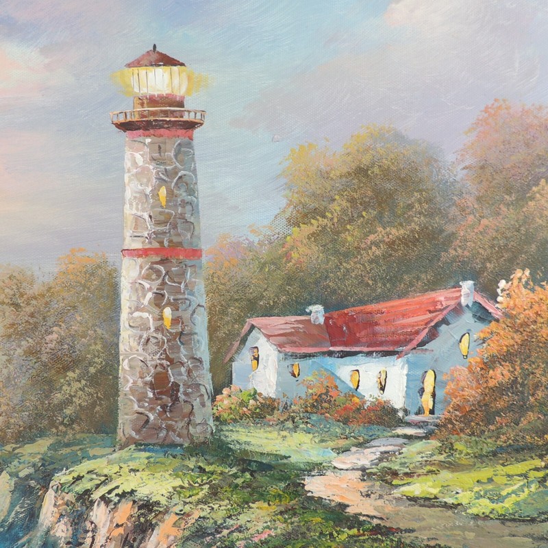 Lighthouse Seascape Original Painting by W. Chapman Brilliant Highlights Colors gallery