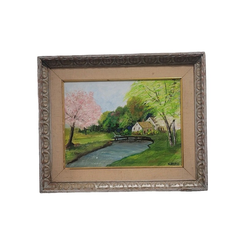 Vintage Folk Art «American Primitive Scene» Oil Painting – Signed And Framed