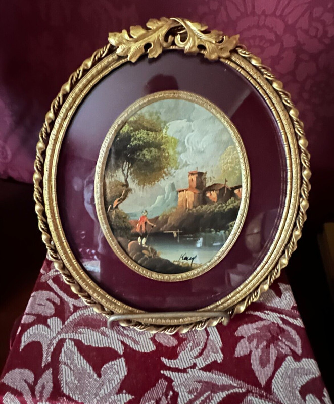 Signed Oval Miniature Oil Painting Country Landscape Castle River Fishing Framed