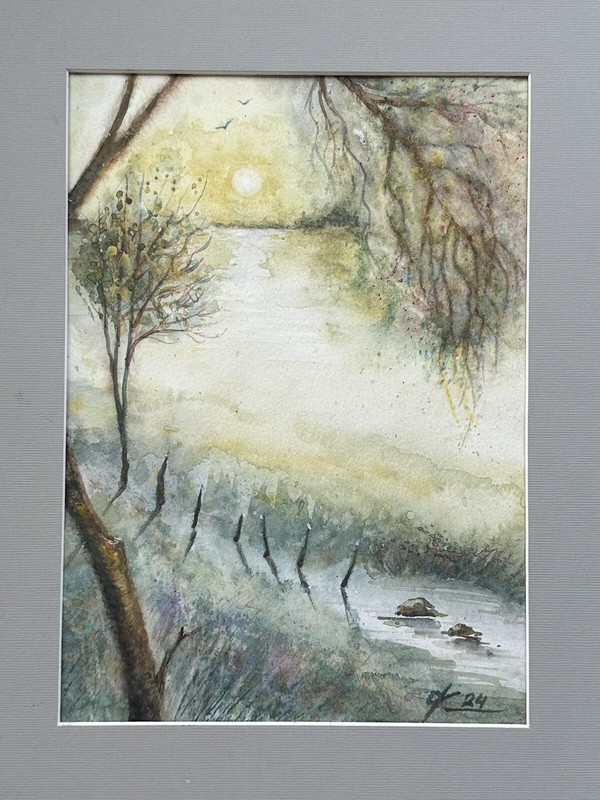 Original painting Landscape morning fog tree shore River Watercolor A4 Lake gallery