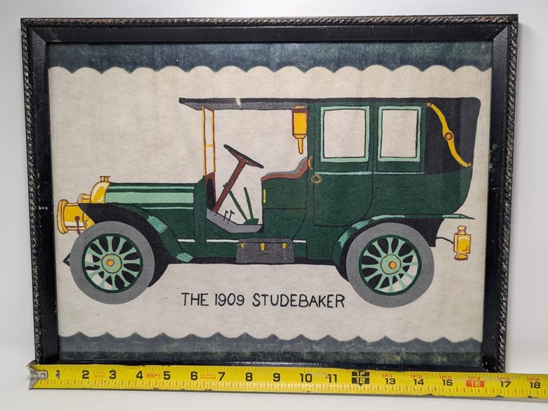 Very Rare Antique picture 1909 Studebaker; USA, Paint On Felt, Framed 13" X 17" gallery