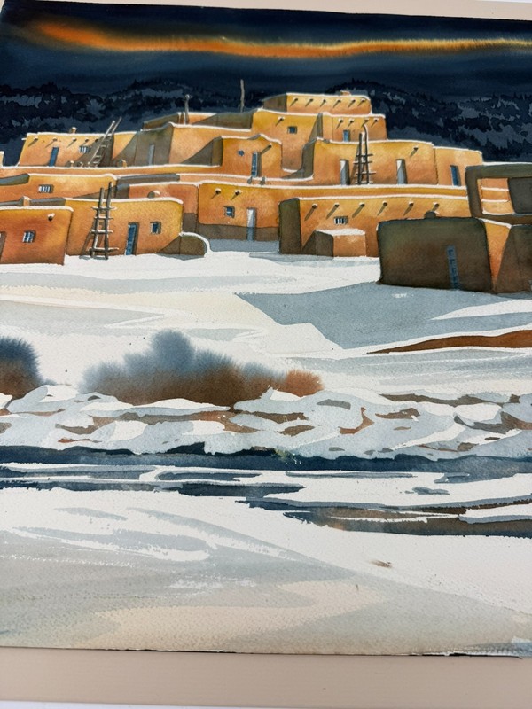 J. Hayes Original Watercolor Painting 1984 Taos Pueblo New Mexico Snow Landscape gallery