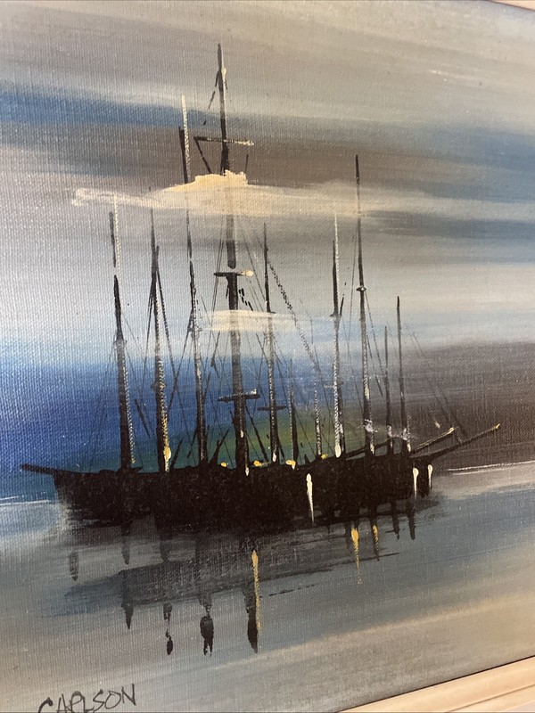 Original Oil Painting of Ship Signed Carlson Framed Vintage Art Nautical Decor gallery