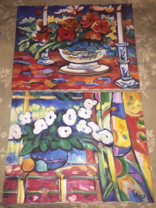 Cheng WHITE BLOSSOMS & Candlelight Evening Still Oil Painting On Canvas Set of 2