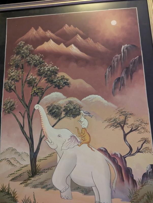 FOUR FRIENDS ORIGINAL TIBETAN THANGKA PAINTING- A SYMBOL OF HARMONY AND GOODWILL gallery
