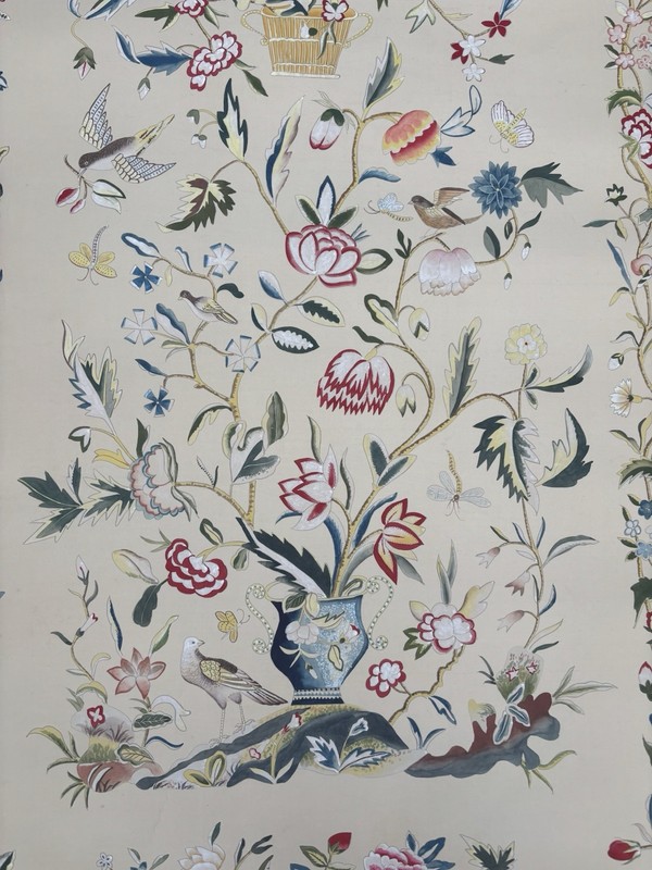 Hand Painted Chinoiserie Watercolor On Paper Panel 36” X 62” Floral Gracie Style gallery
