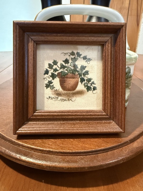 Miniature Folk Art Sandy Honan Theorem Painting Signed on Velvet Wood Frame 4.25