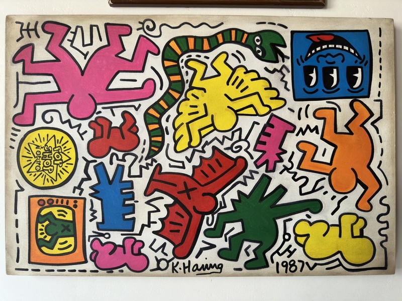 Keith Haring Artist Oil Painting Canvas Signed Stamped Hand Handmade Vintage