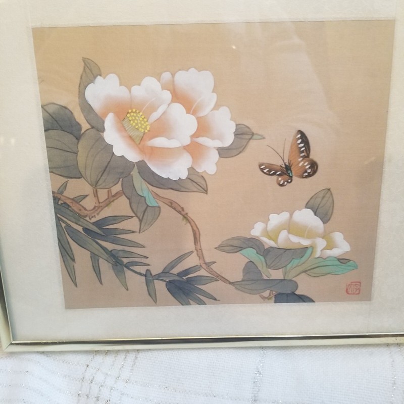 VINTAGE ORIGINAL SIGNED ASIAN FLORAL BUTTERFLYWATERCOLOR PAINTING ON SILK PAPER