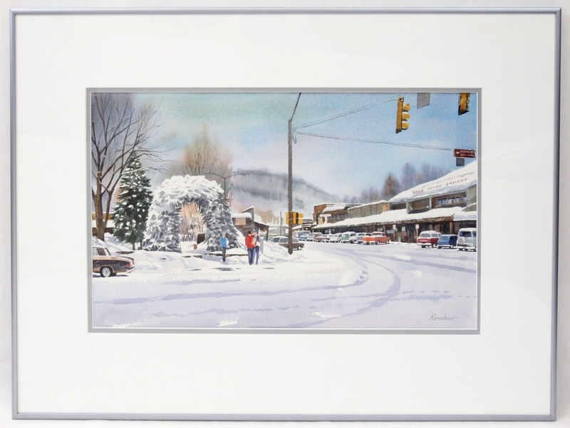 Arthur Renshaw 12×20 Watercolor Painting Jackson Hole Wyoming Winter Cityscape