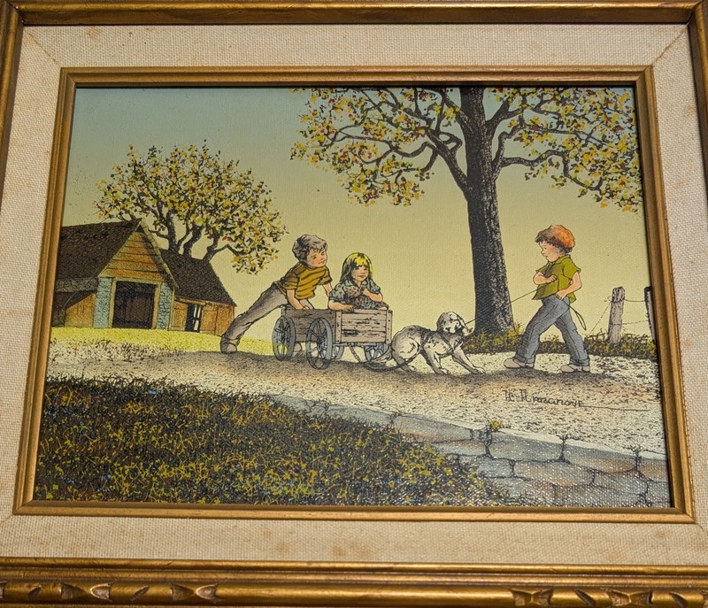 Lot(3) H Hargrove Winter Sledding, Dog Children, Fishing Boat Vintage Paintings gallery