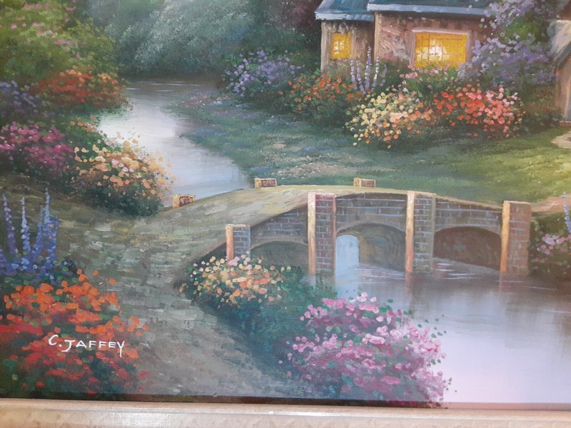 C. Jaffey Cottage Bridge Stream Painting 25x29 With Frame gallery