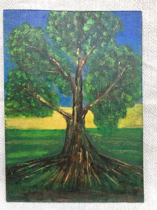 Original Painting Oak Landscape Acrylic Gold 8X12 inches Exclusive Handmade