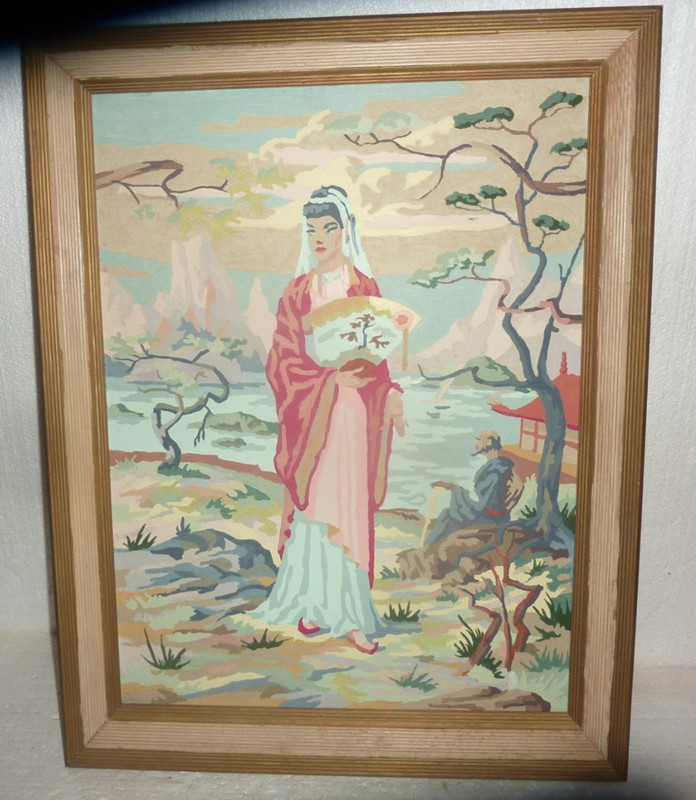 Vintage Large Framed Paint by Number PBN Asian Geisha Girl Landscape 27″ x 21″