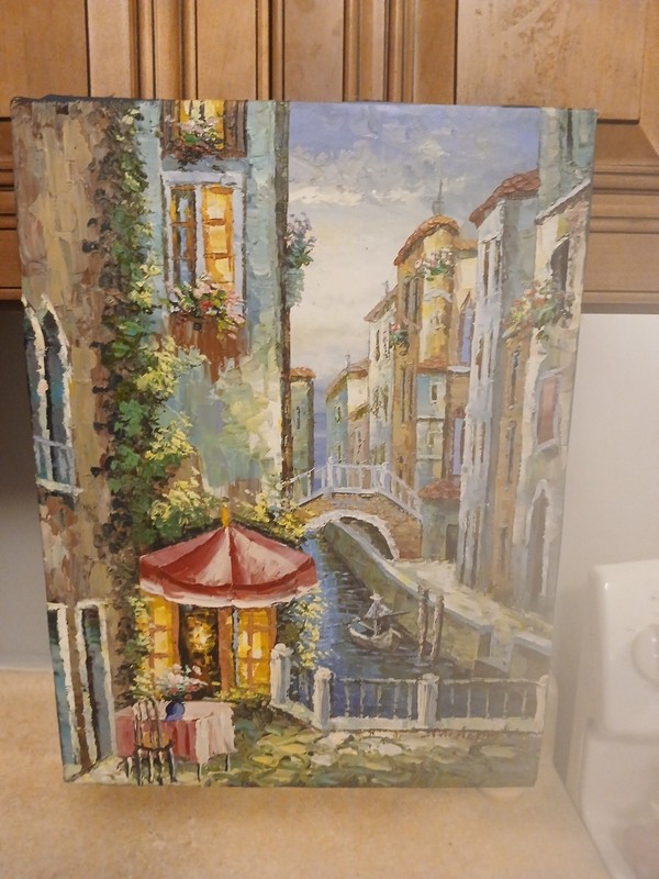 Village In Italy, «The Waterfront», Size 16 L X 12 W. Signature Written In Red .