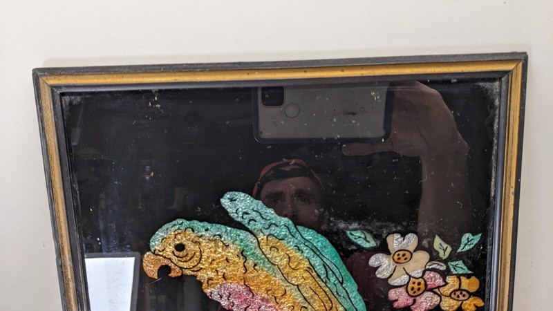 Antique Reverse painted Glass Tinsel foil Art Parrot wood frame 1920's Deco Tiki gallery