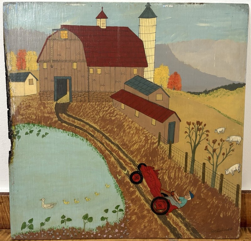 Arlie Lambdin Outsider Folk Art Barn Scene Original Oil Painting Wood Board