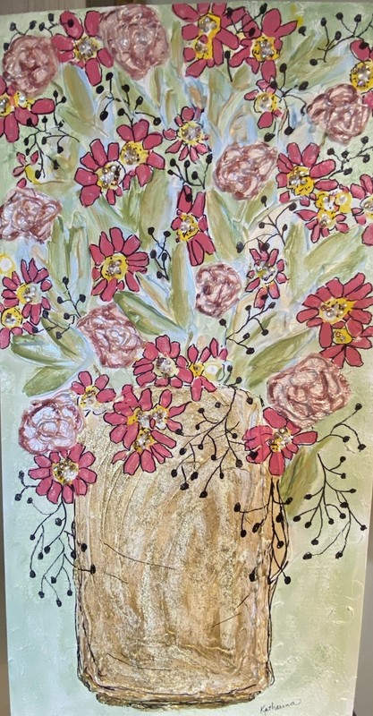 Abstract Floral Acrylic Painting, Sparkly Swarovski Crystals. OOAK, 12×24 Canvas