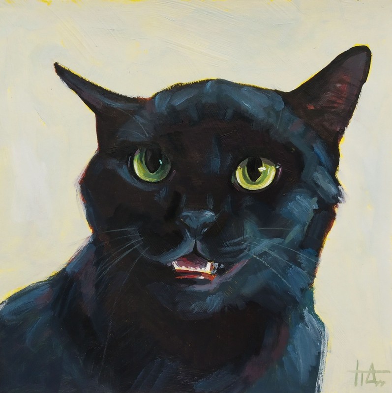 Black Cat Portrait with Green Eyes Oil Painting 8×8 inches