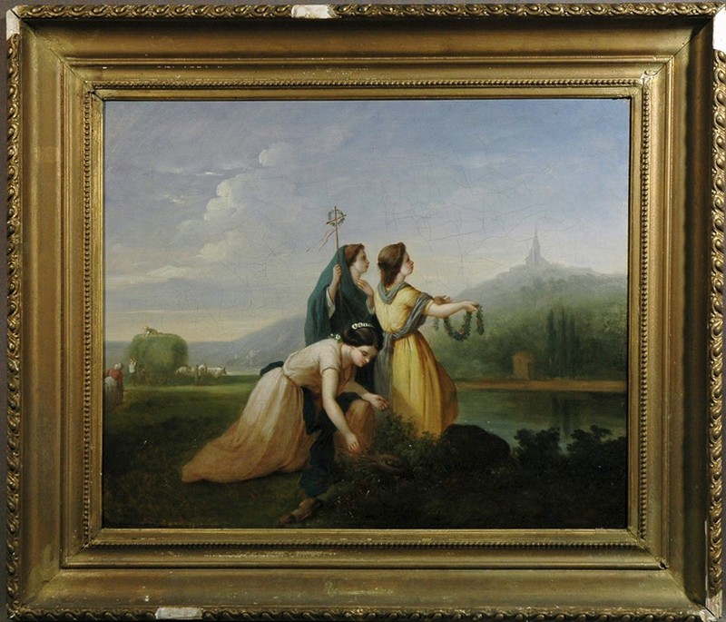 Three Ladies By a Lake 18th C. Neoclassical English Painting att. to G. Morland