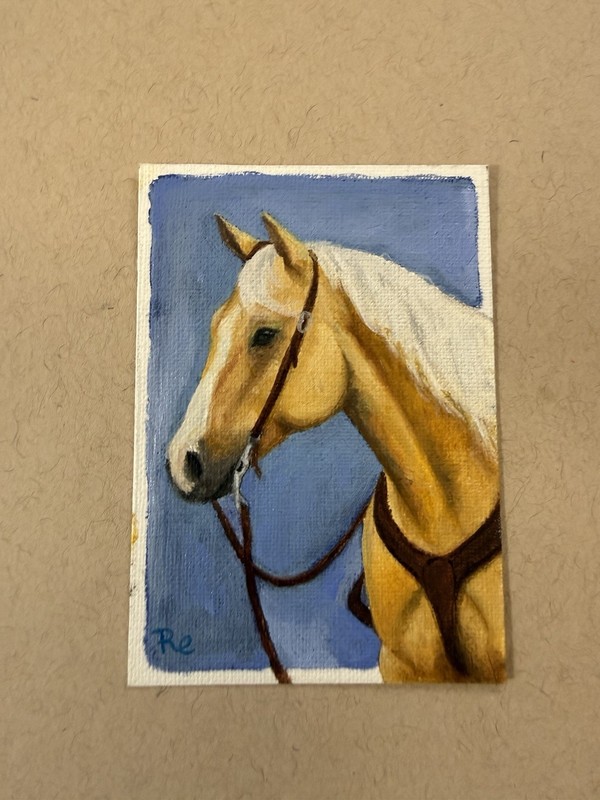 ACEO Art Card Original Palomino Cow Pony Portrait Series Oil Painting Western