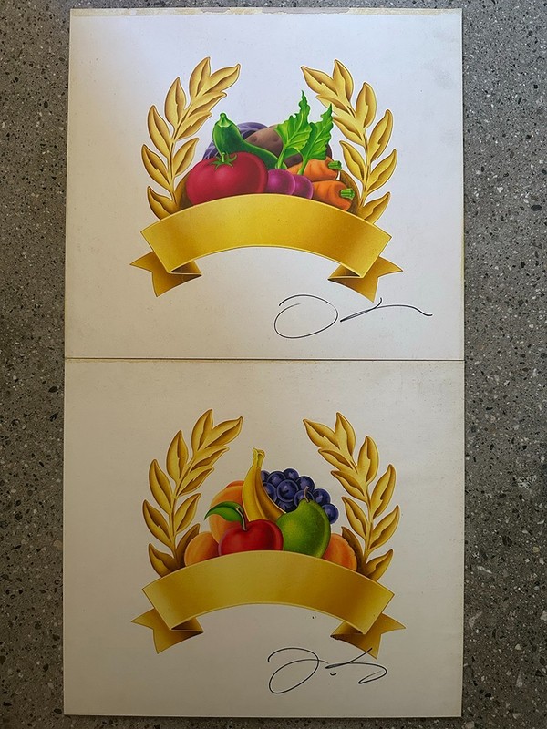 2 vintage original airbrush advertising art fruits & Veggies paintings signed