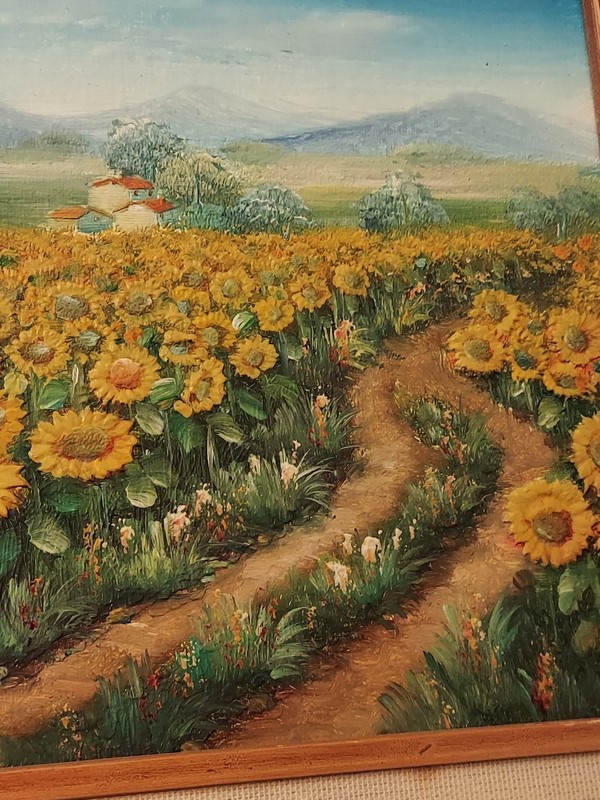 Vintage Oil Painting On Board 3D Textured Design Sunflower Field By C. Benolt gallery