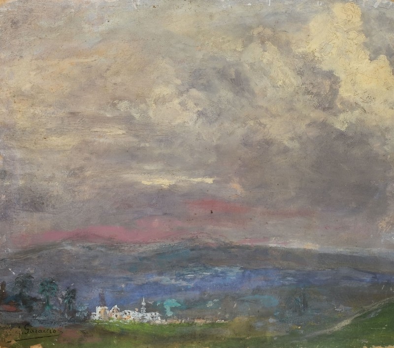Antique Original Painting Signed Landscape A. GARACCIO (XX) City, Sunset