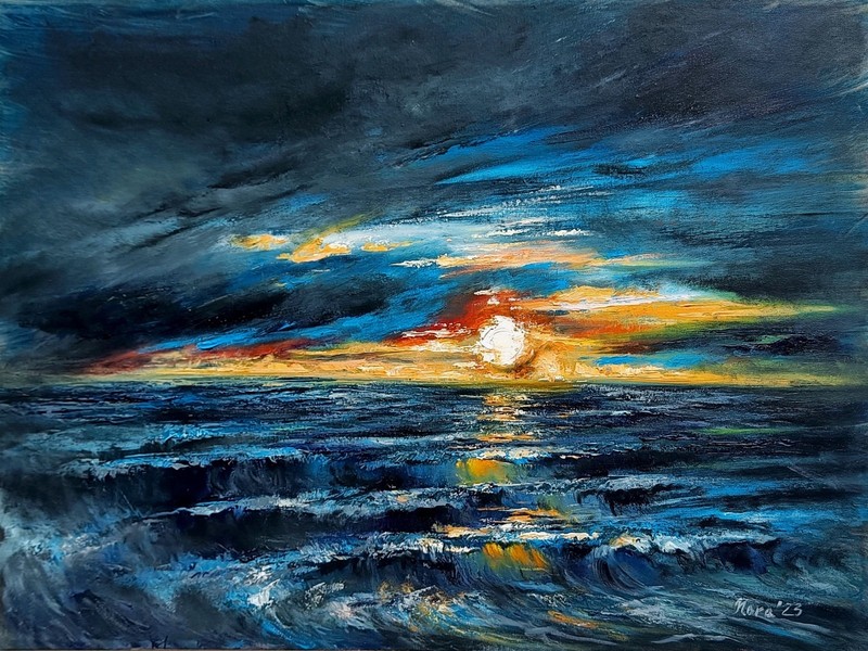 Original Oil Painting on Canvas Sunset Seascape signed handpainted 24″ x 32″