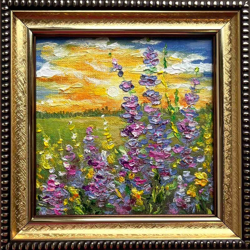 Summer Original Oil Painting Canvas Landscape Wildlowers Wall Art 4 x 4 in