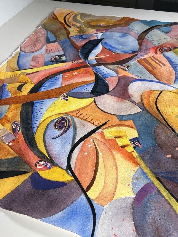 Large Abstract Watercolor Collage Painting 40x32 Modern Mid Century Art gallery