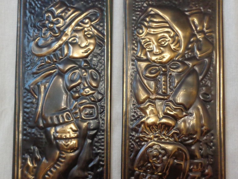 Boy & Girl 2 Pictures Vtg Embossed Brass Metal Wall Art Young Couple Painting gallery