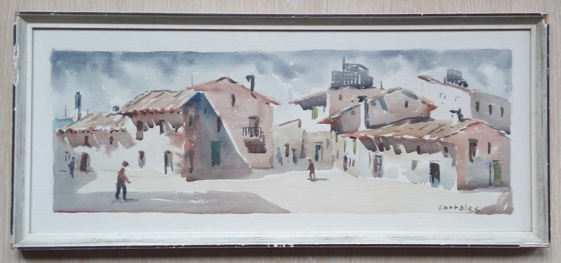 1950s WATERCOLOR PAINTING MEDITERRANEAN STREET SCENE ARTURO CARTALES (1902-1958)