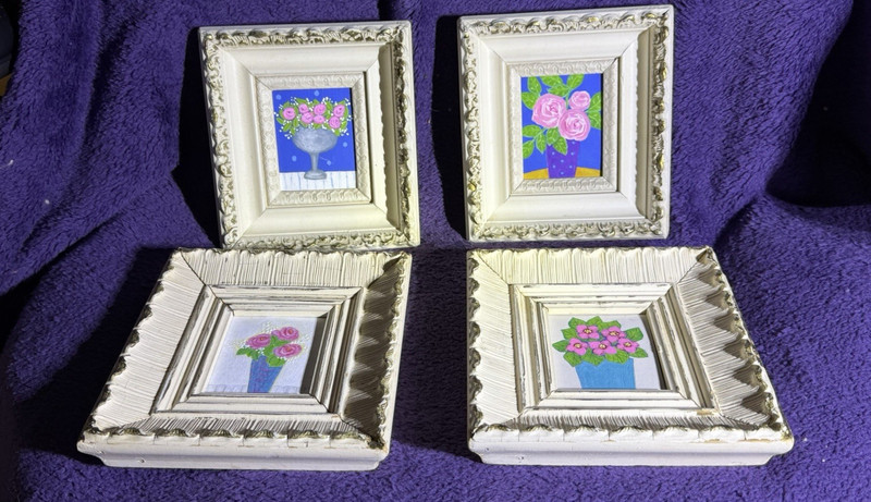 Set of 4 White Distressed Wood Floral Ornate floral paintings, about 6 x 7 in