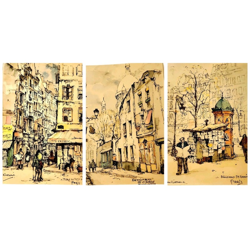 Set Of 3 Jan Korthals Lithograph Paris Street Scenes Realism 1950 Signed Rare